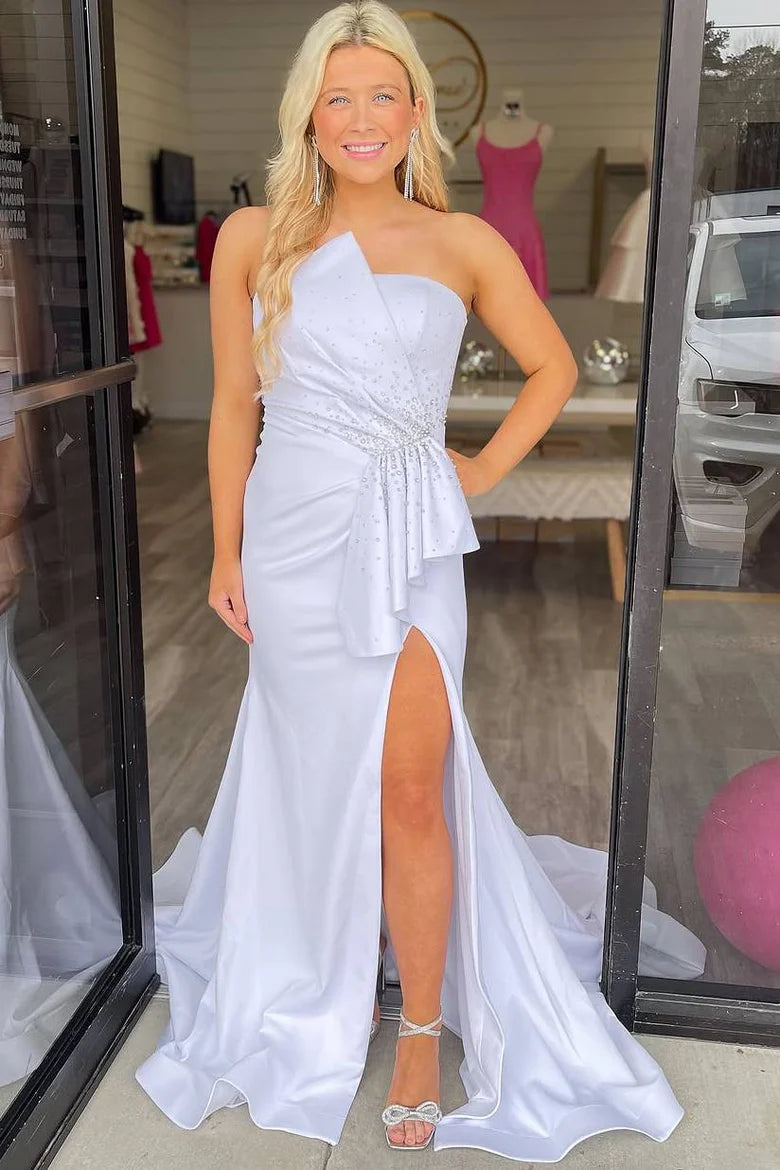 Strapless Formal Dress for Sale Trumpet Beads Pleated Side Slit Mychicdress