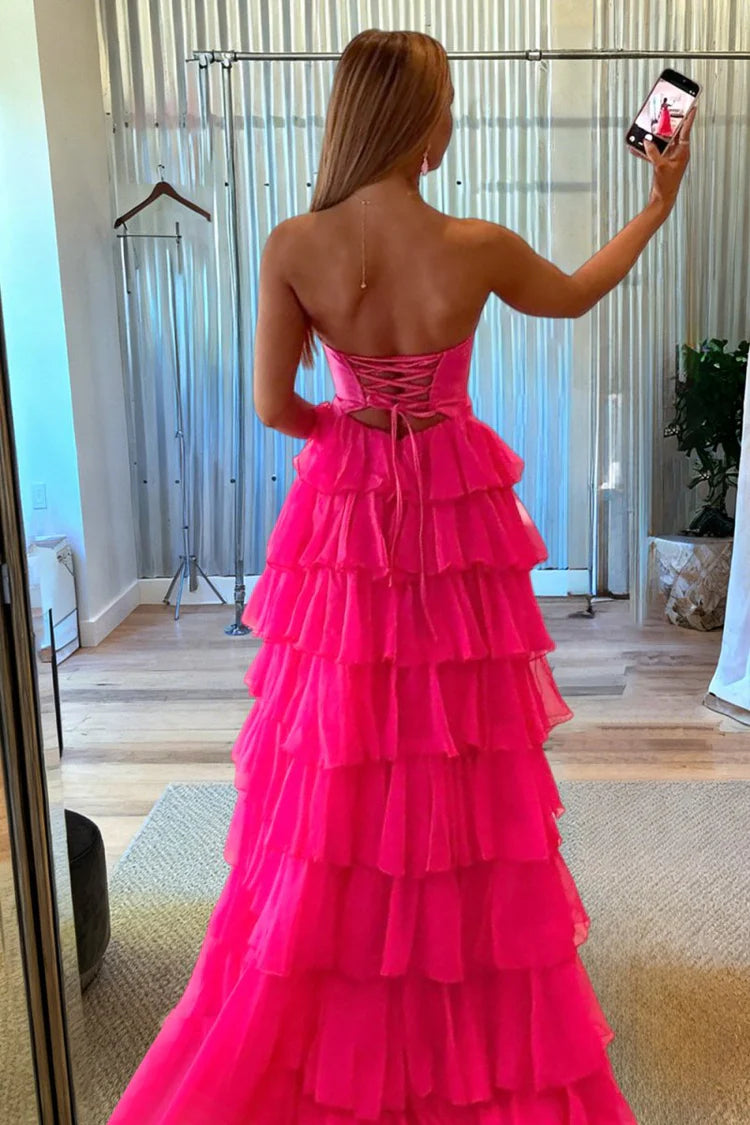 2026 Strapless fuchsia Prom Dresses Ruffled Chiffon With Cutout