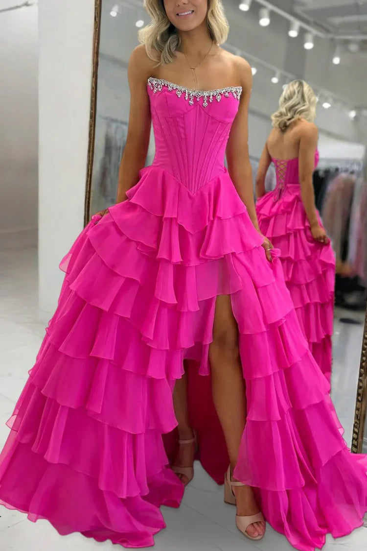 Strapless fuchsia Ruffled Prom Dresses A Line Chiffon Beading