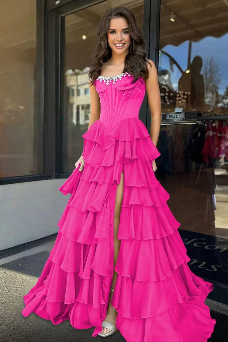 Strapless fuchsia Ruffled Prom Dresses A Line Chiffon Beading