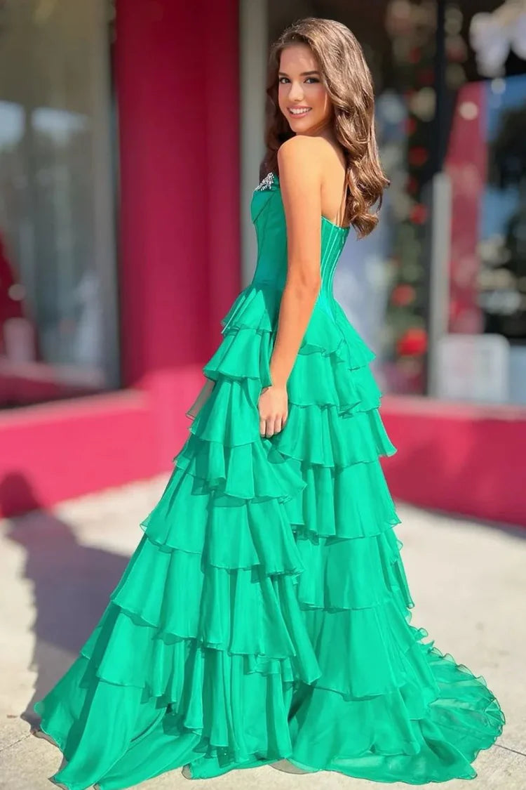 Strapless Green Ruffled Prom Dresses A Line Chiffon Beading