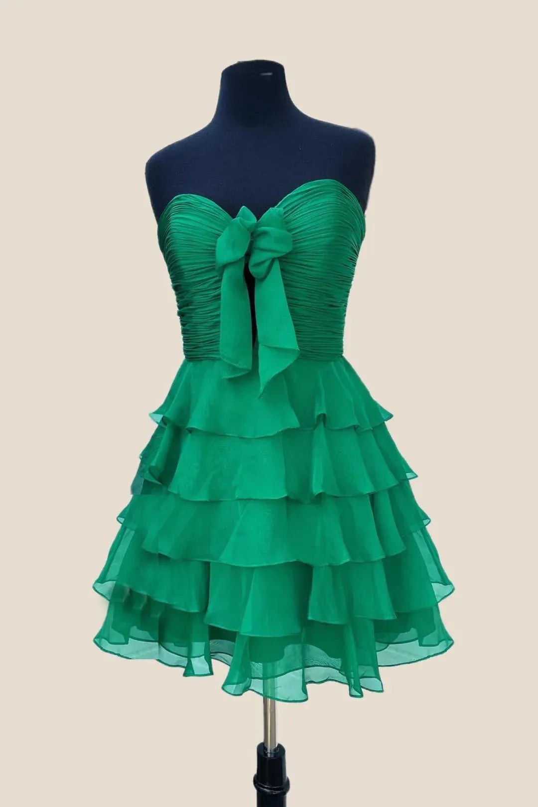 Strapless Green Short Hoco Dress Bow Ruffle Chiffon Cocktail Dress