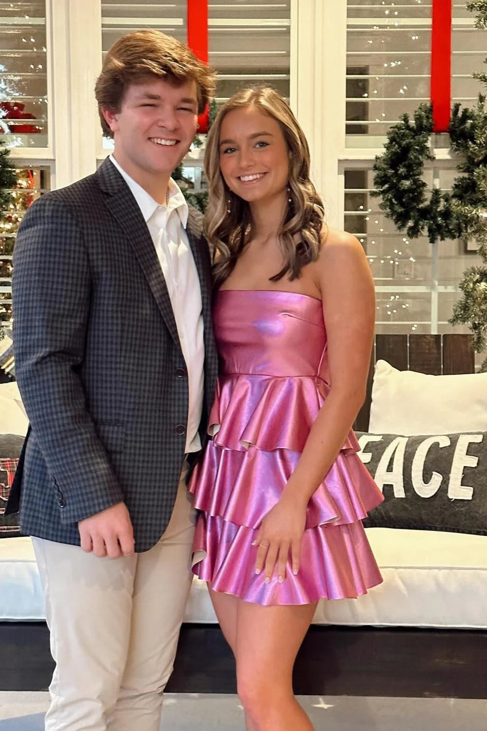 Strapless Hot Pink Homecoming Dresses Short Tiered Satin Hoco Dress