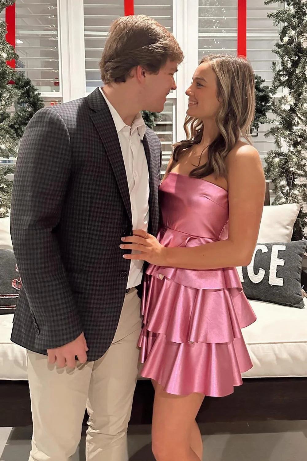 Strapless Hot Pink Homecoming Dresses Short Tiered Satin Hoco Dress