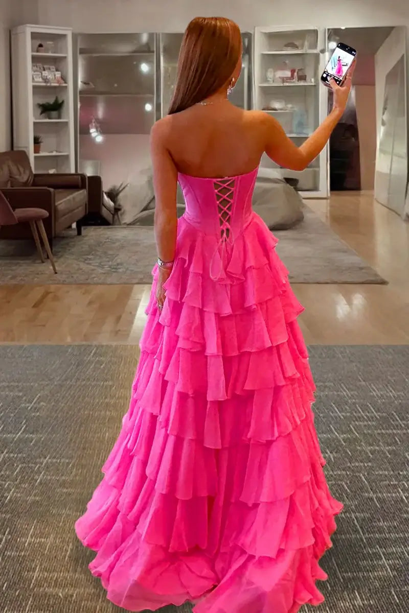 Hot Pink Ruffled Strapless Prom Dresses Chiffon A Line With Bow