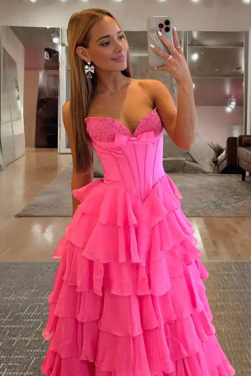 Strapless Hot Pink Ruffled Prom Dresses Chiffon A Line With Bow