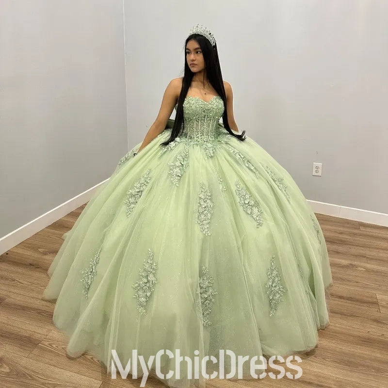 Strapless Lace Appliques Quinceanera Dresses Near me With Bow