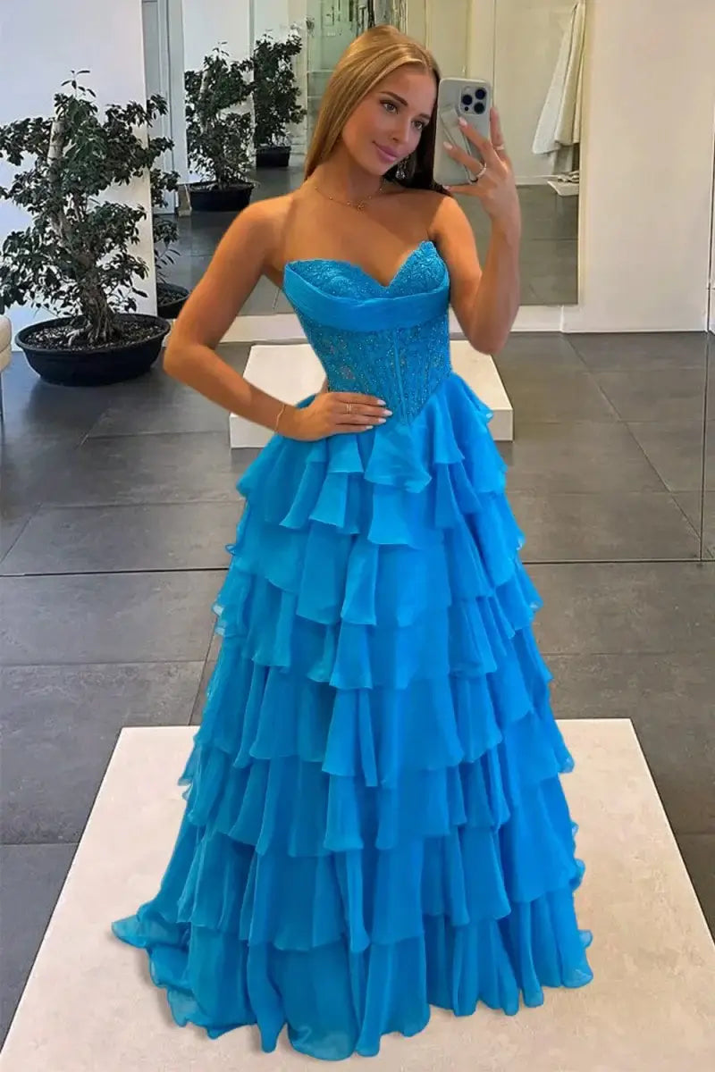 Strapless Lace Corset Ruffled Blue Prom Dresses A Line With Appliques
