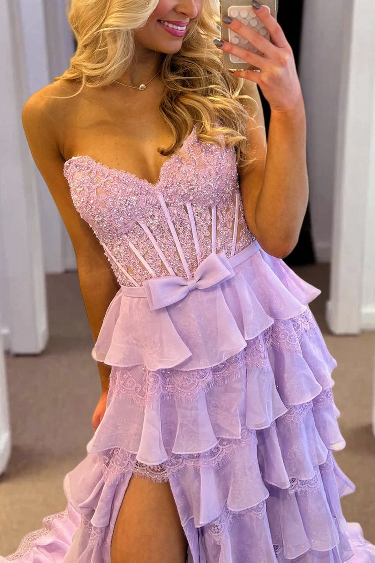 Strapless Lace Corset Ruffled Pink Prom Dresses A Line With Appliques