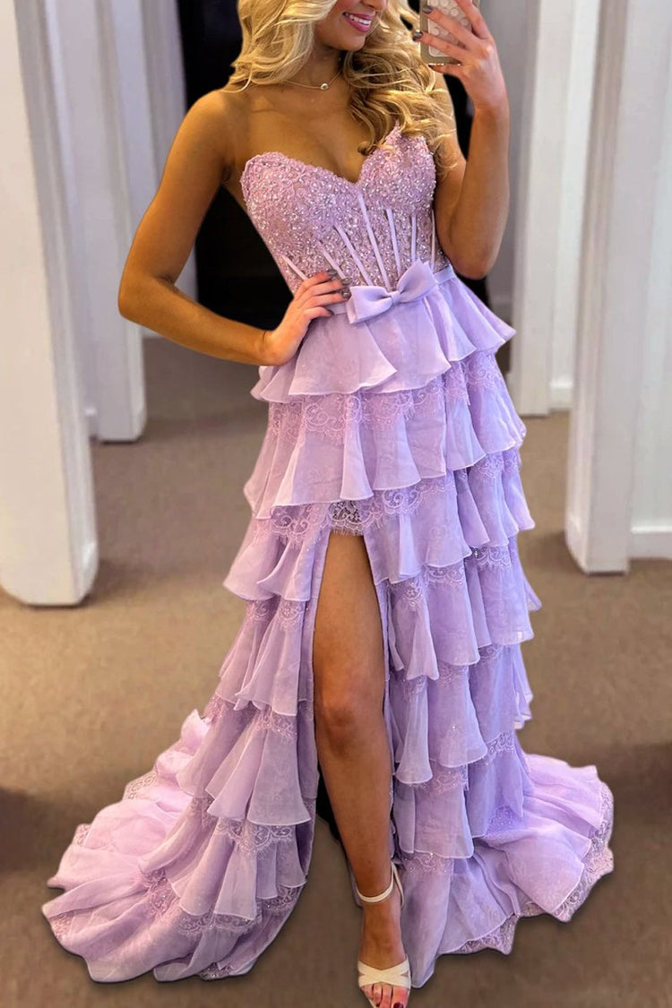 Strapless Lace Corset Ruffled Pink Prom Dresses A Line With Appliques