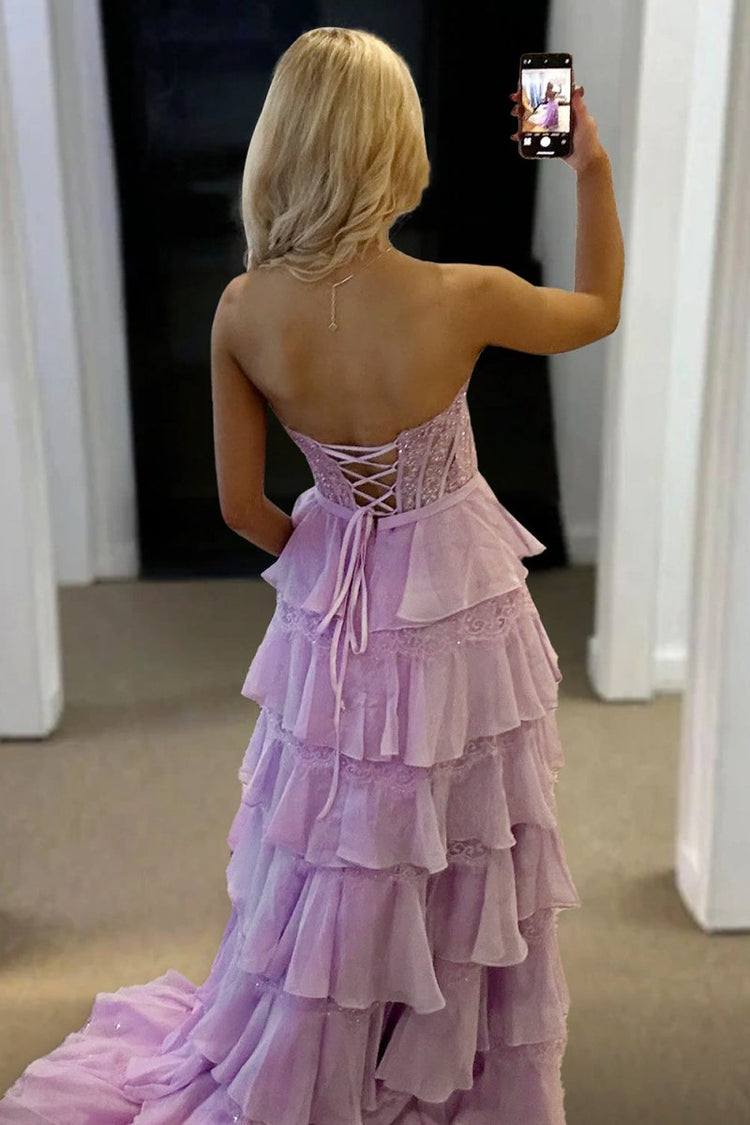 Strapless Lace Corset Ruffled Pink Prom Dresses A Line With Appliques