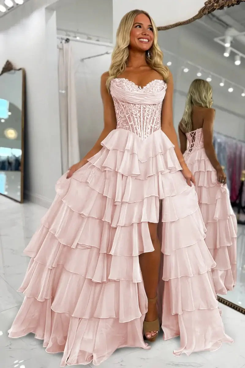 Strapless Lace Corset Ruffled Light Pink Prom Dresses A Line With Appliques