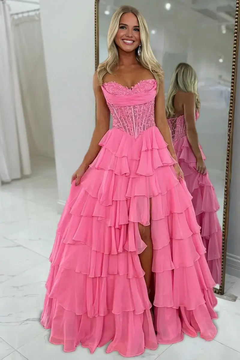 Strapless Lace Corset Ruffled Pink Prom Dresses A Line With Appliques