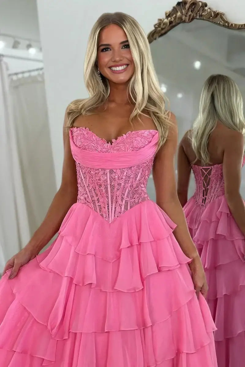 Strapless Lace Corset Ruffled Pink Prom Dresses A Line With Appliques