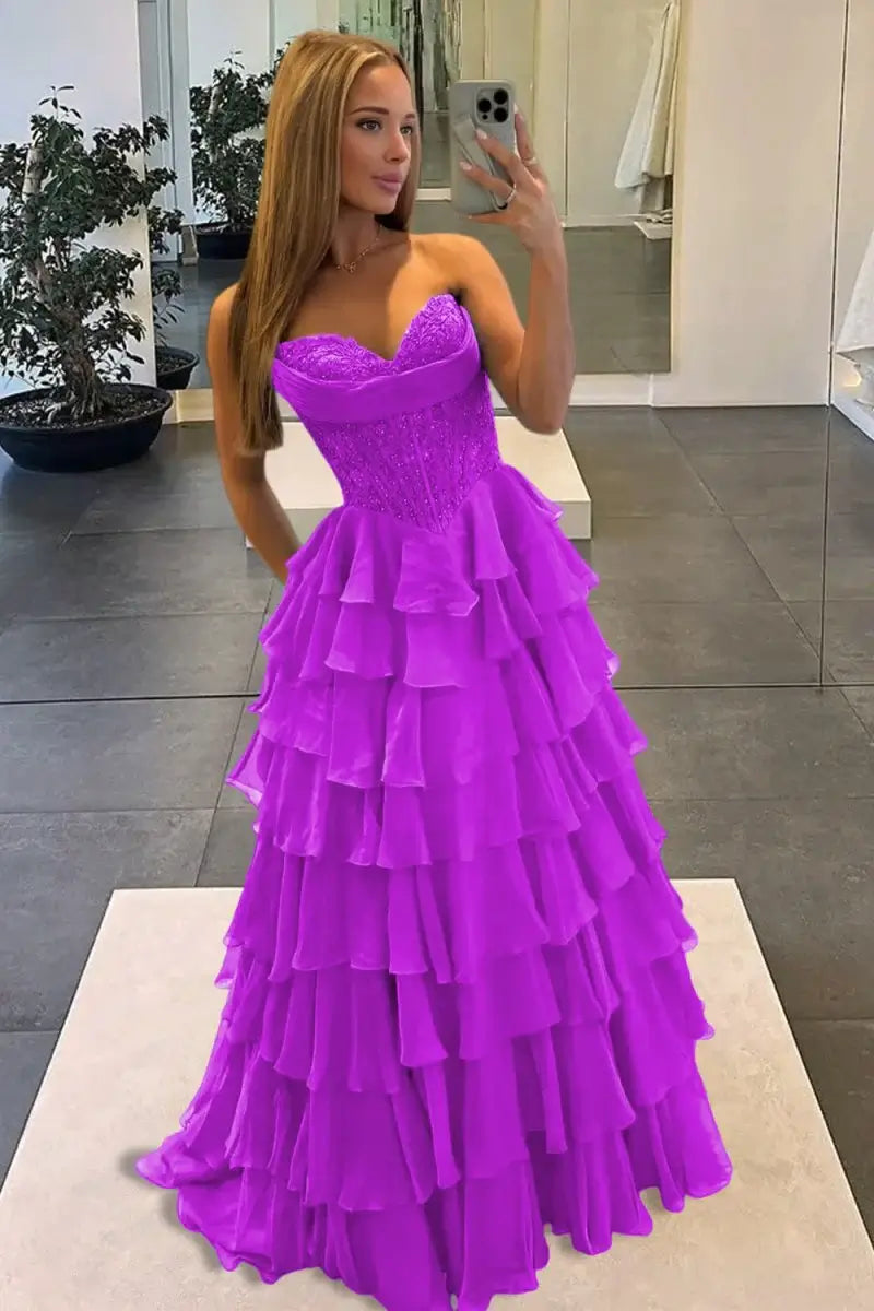 Strapless Lace Corset Ruffled Purple Prom Dresses A Line With Appliques