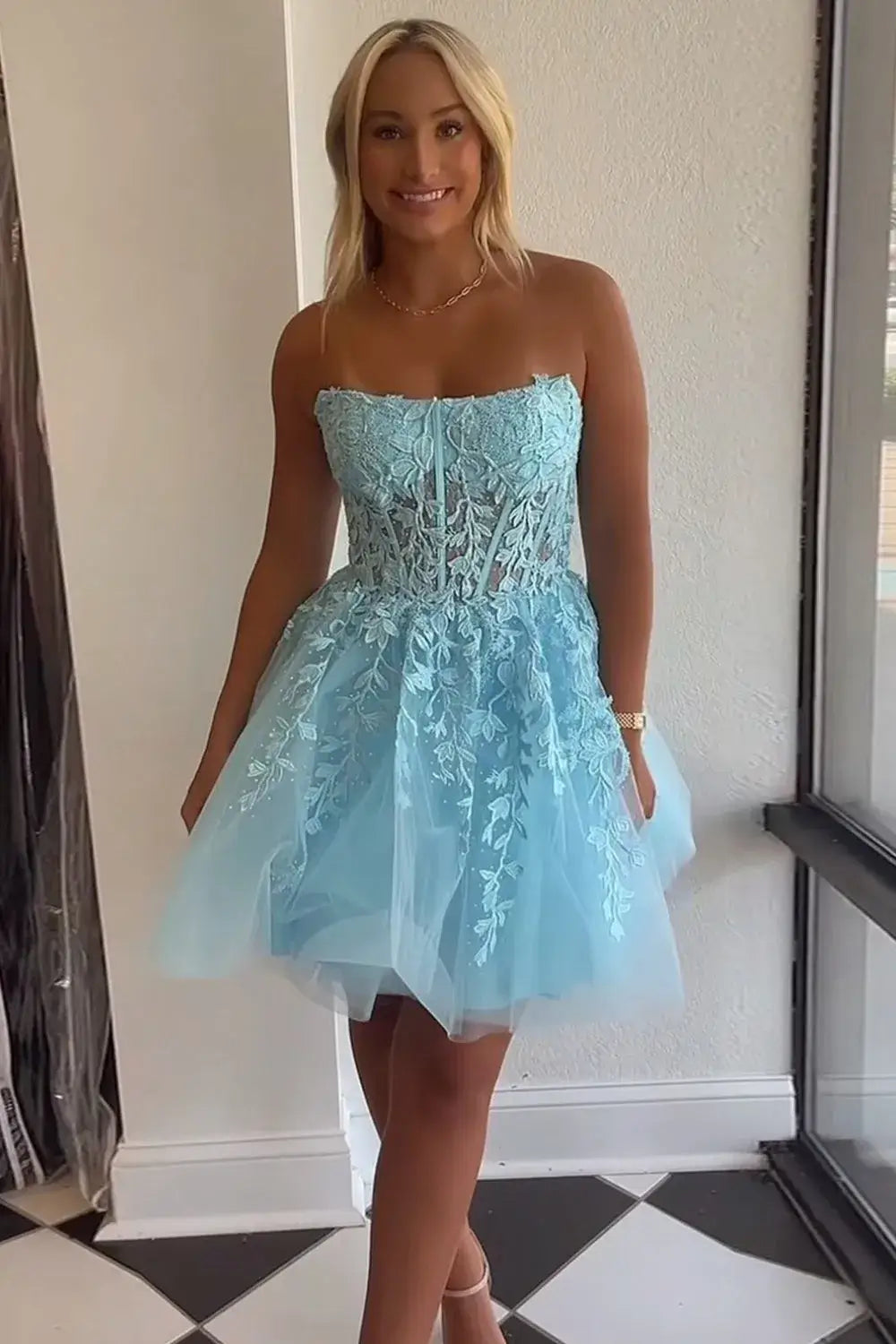 Strapless Lace Magenta Homecoming Dresses Short Corset Bodice