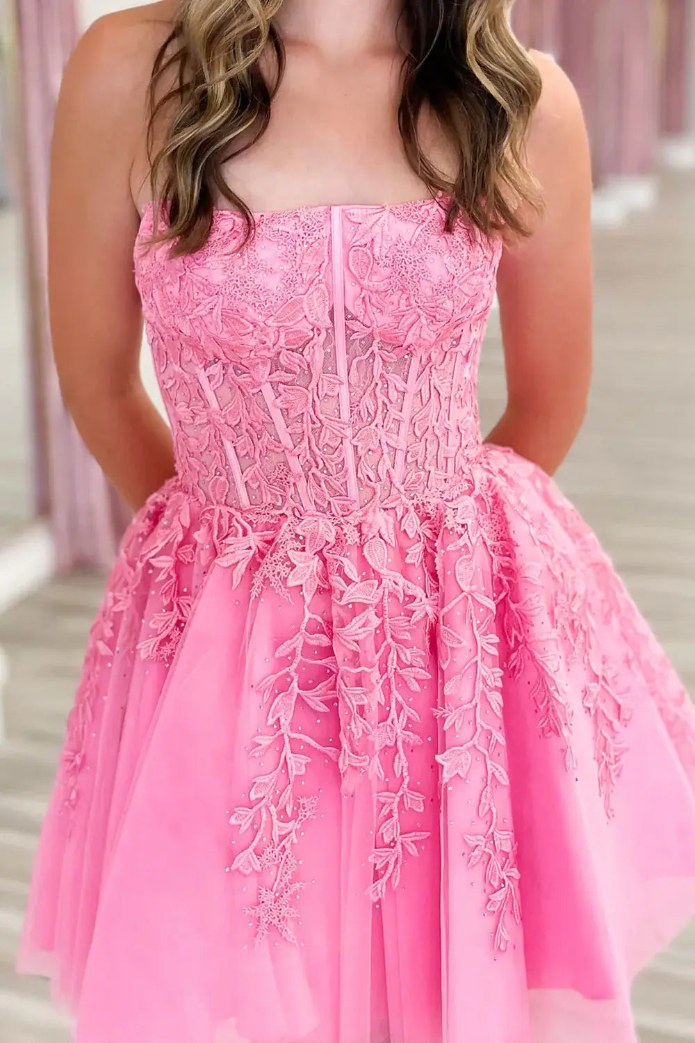 Strapless Lace Magenta Homecoming Dresses Short Corset Bodice