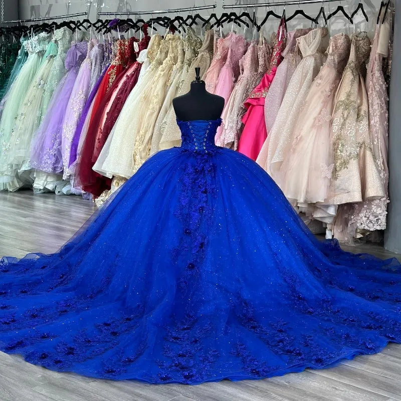 Strapless Lace Royal Blue Quinceanera Sweet 16 Dresses with Flowers