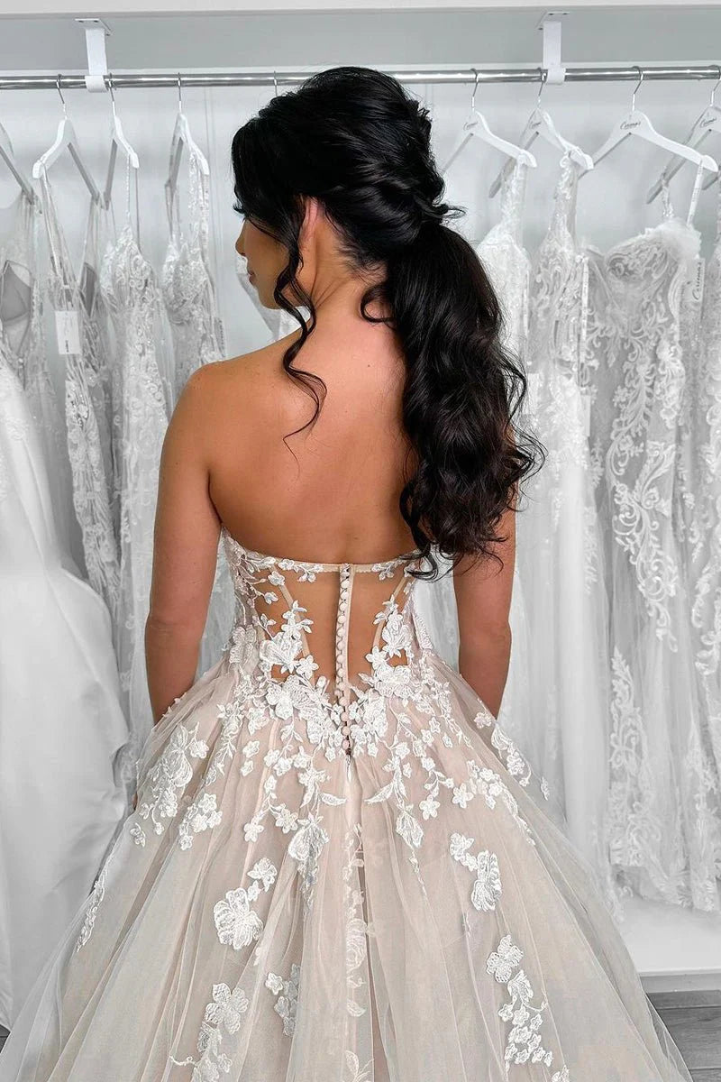 Strapless Lace Basque Waist Wedding Dresses Ball Gown with Appliques Sweetheart