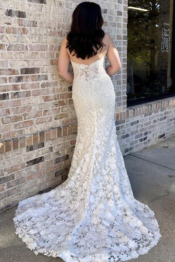 Strapless Lace White Floral Wedding Dress Mermaid for Brides Mychicdress