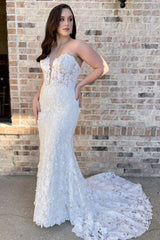 Strapless Lace White Floral Wedding Dress Mermaid for Brides Mychicdress
