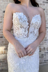 Strapless Lace White Floral Wedding Dress Mermaid for Brides Mychicdress