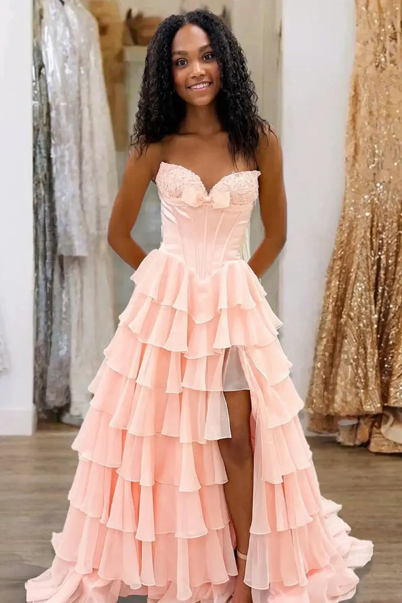 Strapless light pink Ruffled Prom Dresses Chiffon A Line With Bow