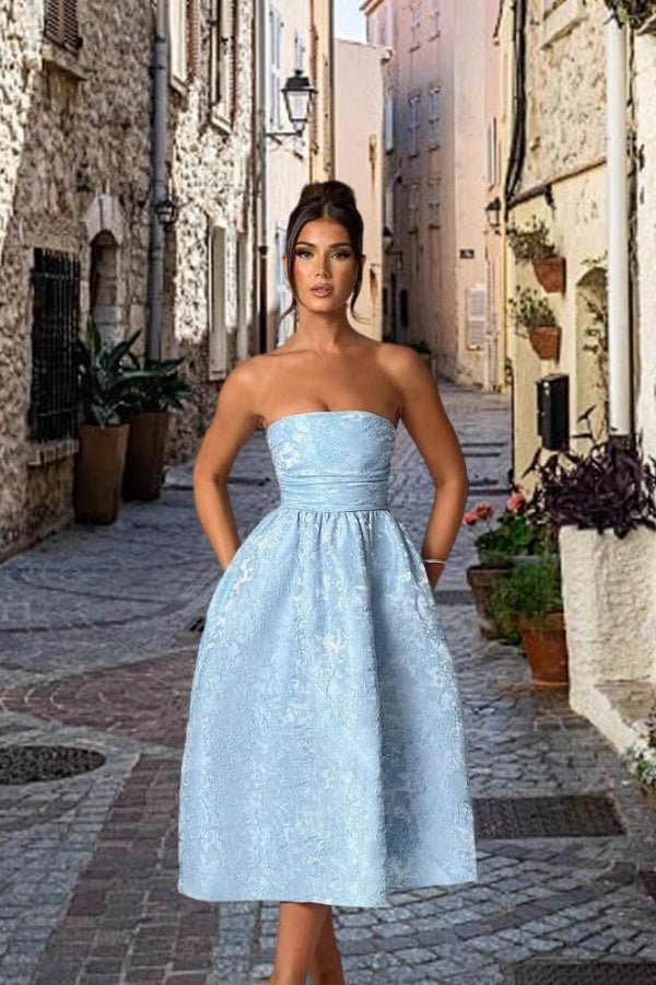 Strapless Midi Blue Jacquard Homecoming Dress Sleeveless