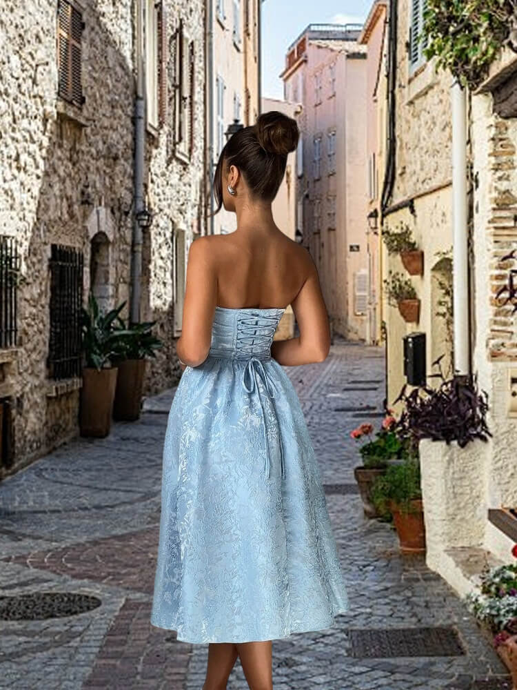 Strapless Midi Blue Jacquard Homecoming Dress Sleeveless