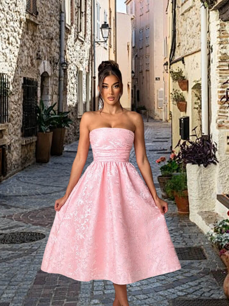 Strapless Midi Blue Jacquard Homecoming Dress Sleeveless