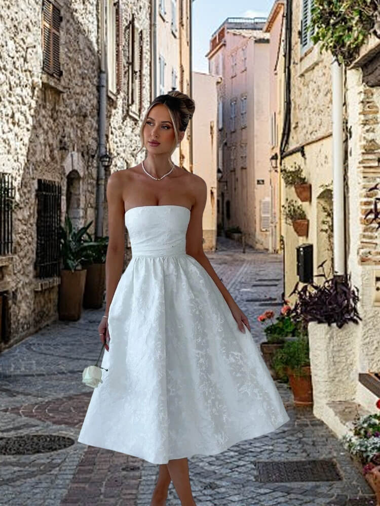 Strapless Midi Blue Jacquard Homecoming Dress Sleeveless