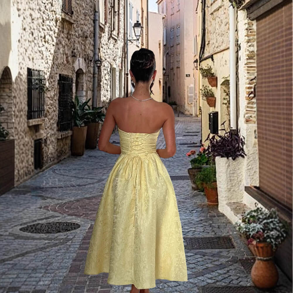 Strapless Midi Blue Jacquard Homecoming Dress Sleeveless