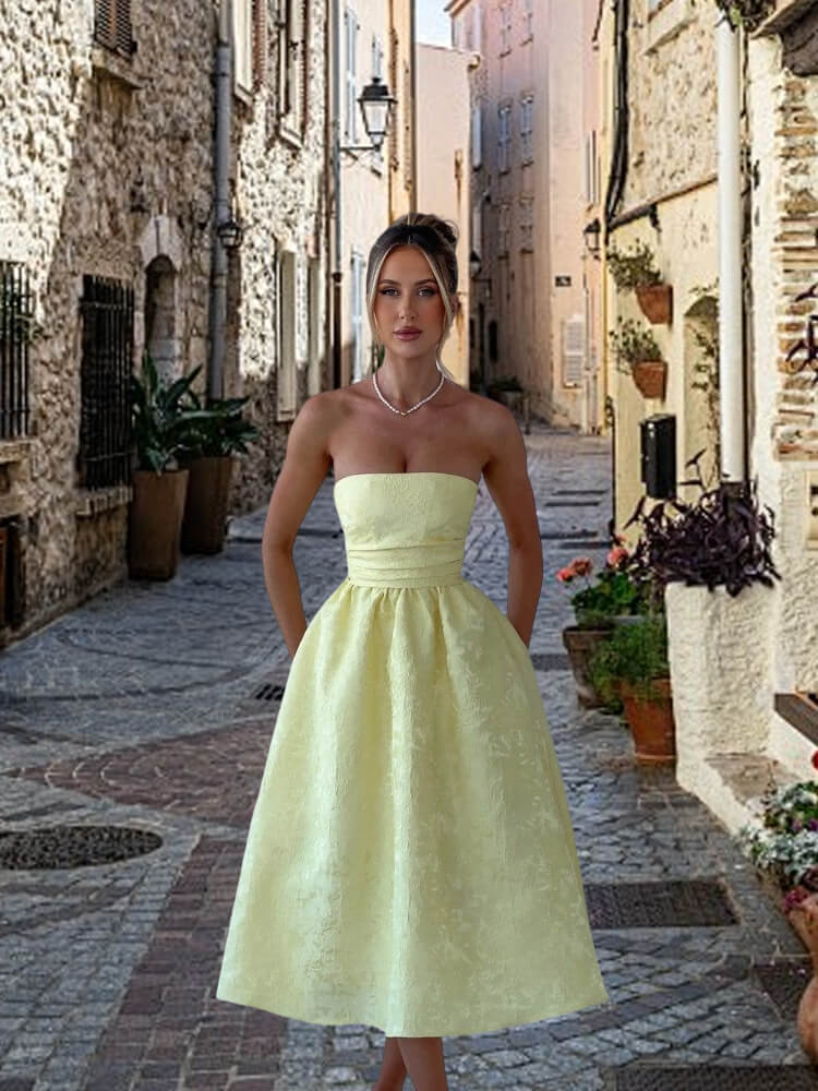 Strapless Midi Blue Jacquard Homecoming Dress Sleeveless