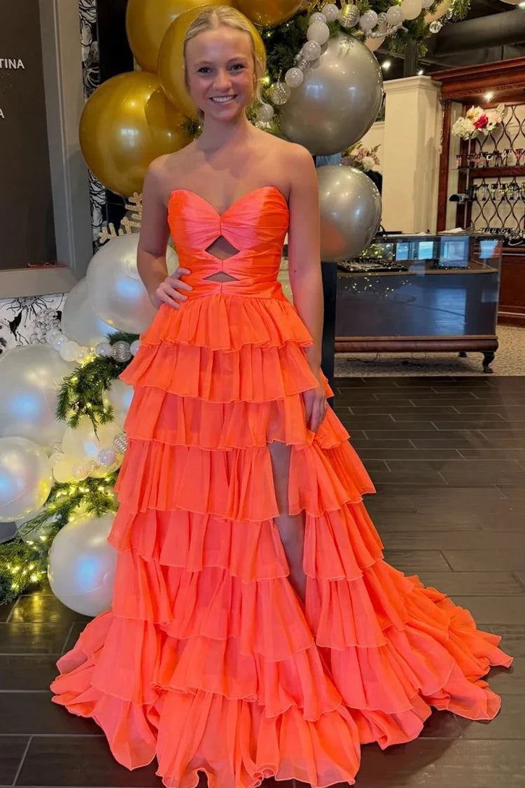 2026 Strapless Orange Prom Dresses Ruffled Chiffon With Cutout