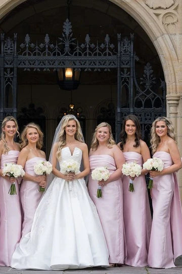 Strapless Pink Bridesmaid Dress Pleated Satin Scoop with Big Bow