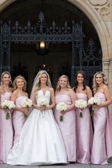 Strapless Pink Bridesmaid Dress Pleated Satin Scoop with Big Bow