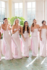 Strapless Pink Bridesmaid Dress Pleated Satin Scoop with Big Bow