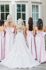 Strapless Pink Bridesmaid Dress Pleated Satin Scoop with Big Bow