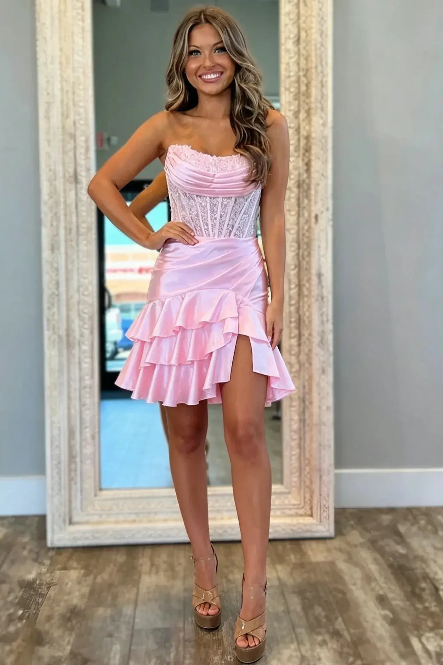 Strapless Pink Corset Short Homecoming Dress Lace with Ruffles