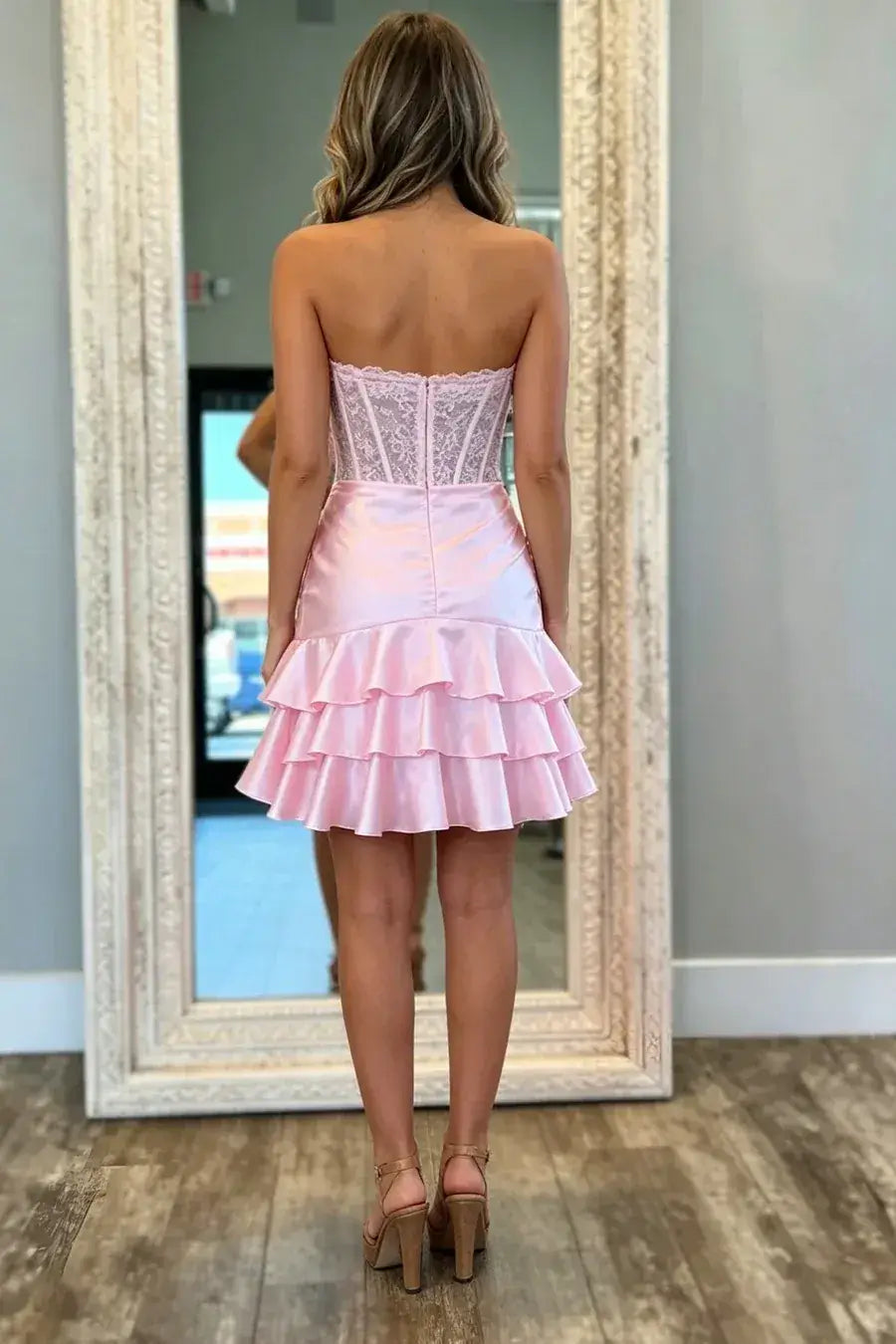 Strapless Pink Corset Short Homecoming Dress Lace with Ruffles