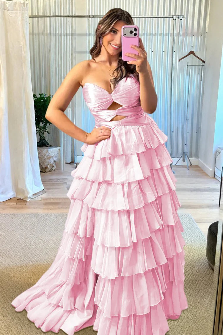2026 Strapless Pink Prom Dresses Ruffled Chiffon With Cutout