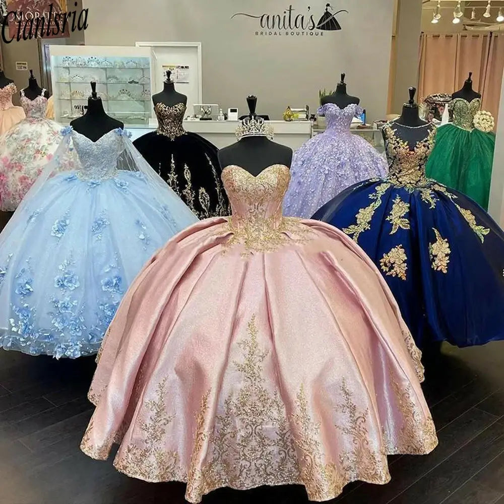 Strapless Pink Quinceanera Dresses with Gold Applique for Sweet 16