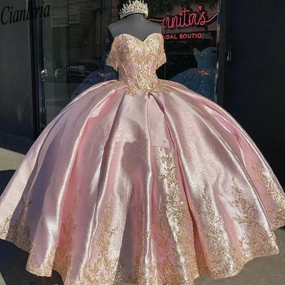 light pink ball gown with gold lace embroidery and a sweetheart neckline