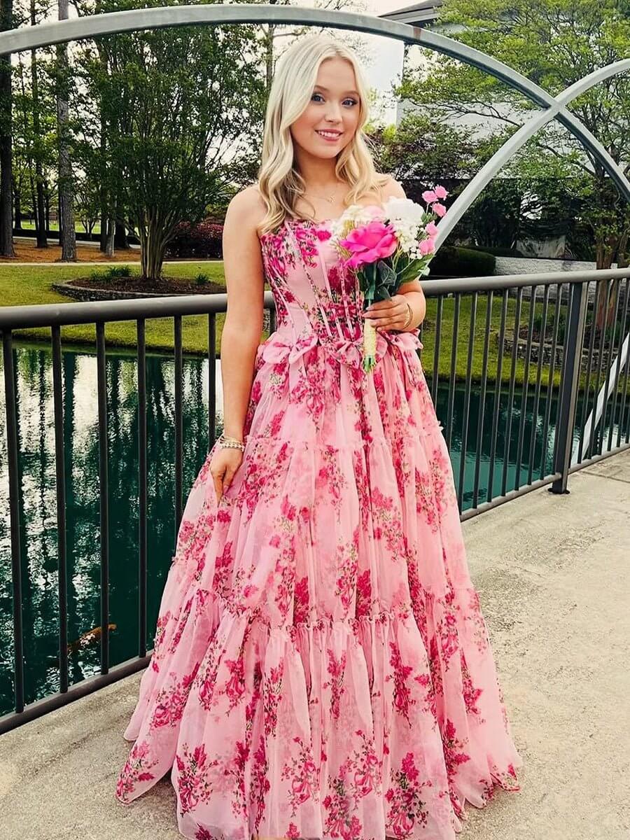 US Strapless Pink Ruffle Prom Dresses Floral Printed with Bow