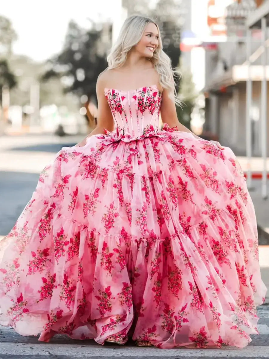 US Strapless Pink Ruffle Prom Dresses Floral Printed with Bow