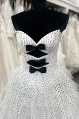 white Polka Dot Prom Dresses Ruffles Tulle with Keyholes