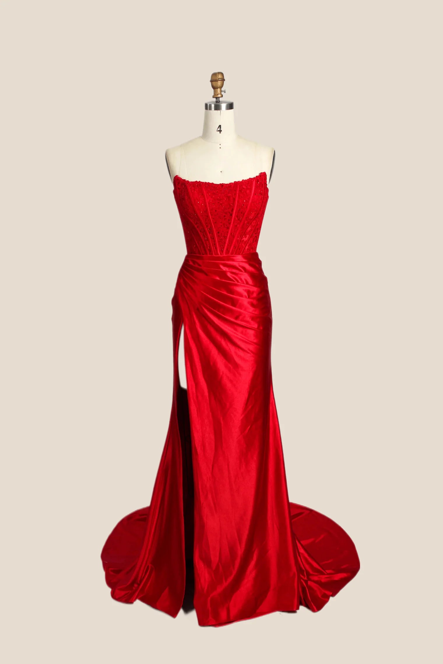 Mermaid Long Strapless Formal Dress Lace Satin Ruching with Slit - MyChicDress