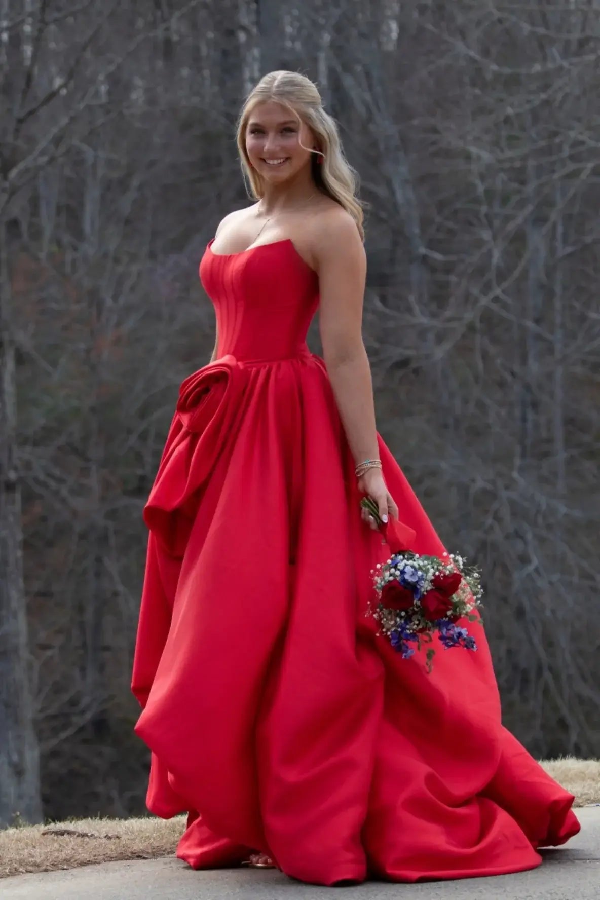 A-line Strapless Corset Hot Pink Prom Gown with Handmade Flower