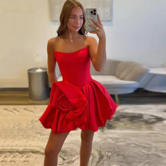 Strapless Red Mini Homecoming Dress Satin with 3D Flower