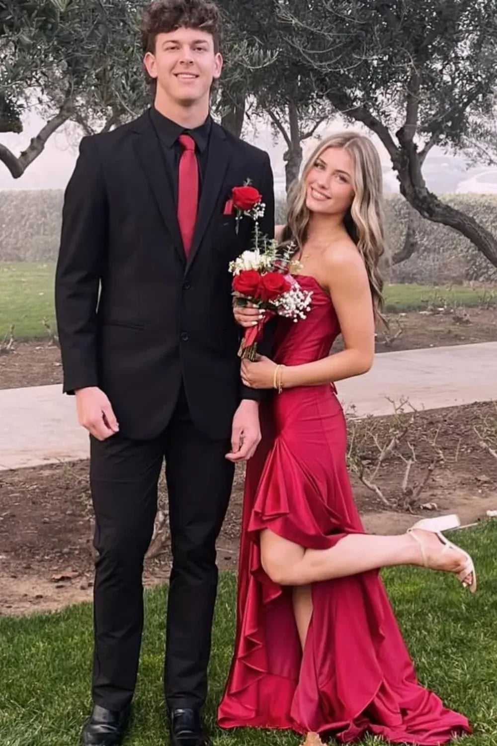 Strapless Royal Blue Prom Dresses Ruffled Evening Gown with Slit